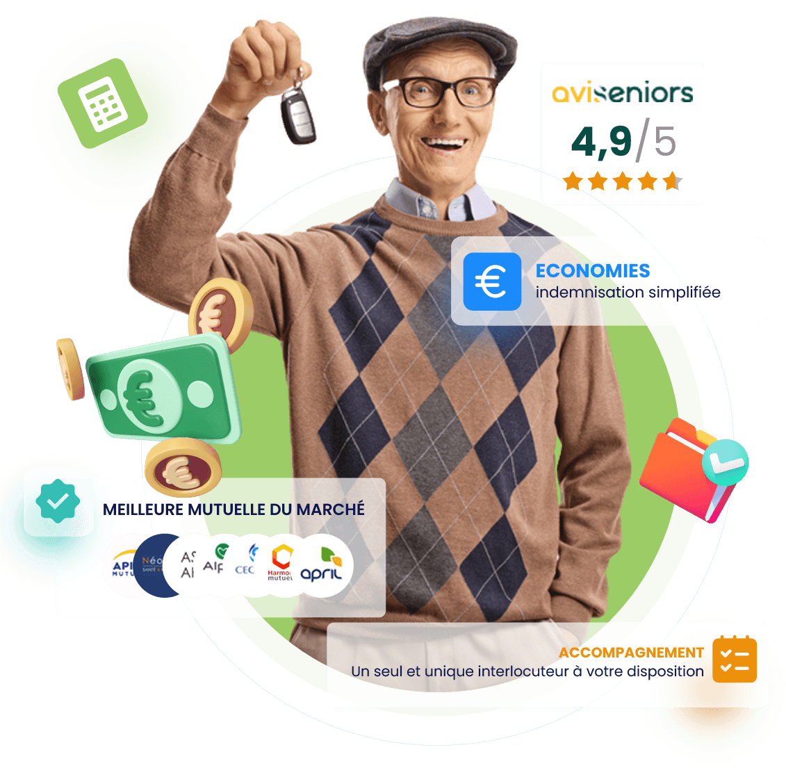 Senior souriant avec les clés de sa voiture, assurance auto Partner Assurances