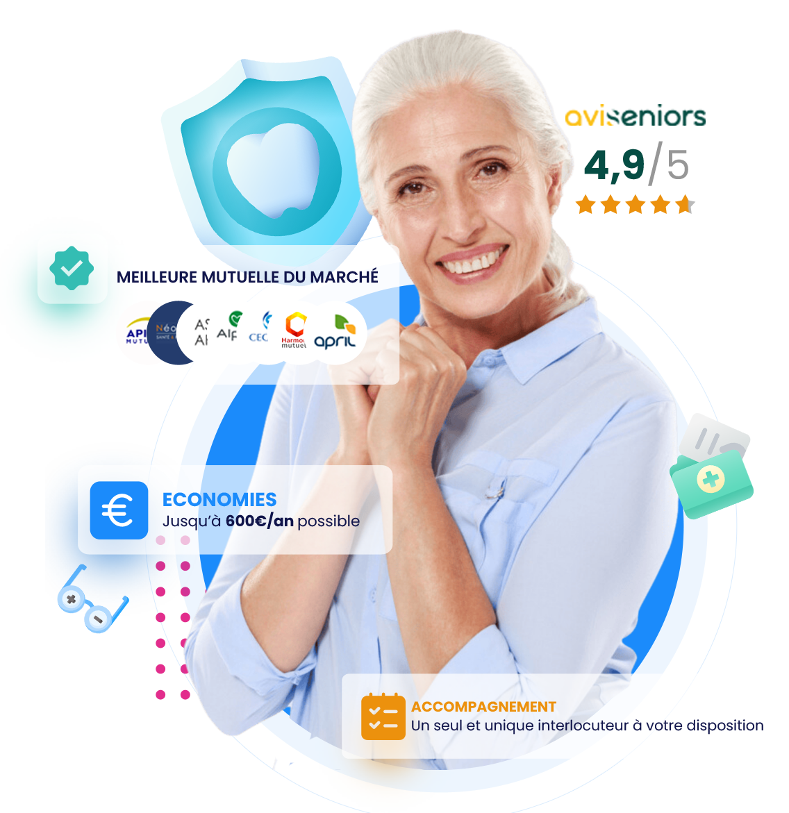 Femme sénior avec des bulles d'informations de Partner