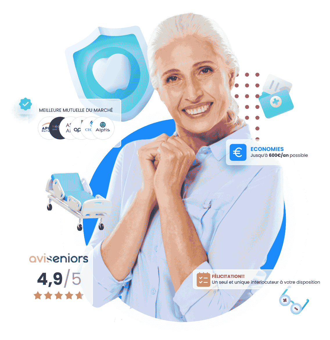 Femme sénior avec des bulles d'informations de Partner